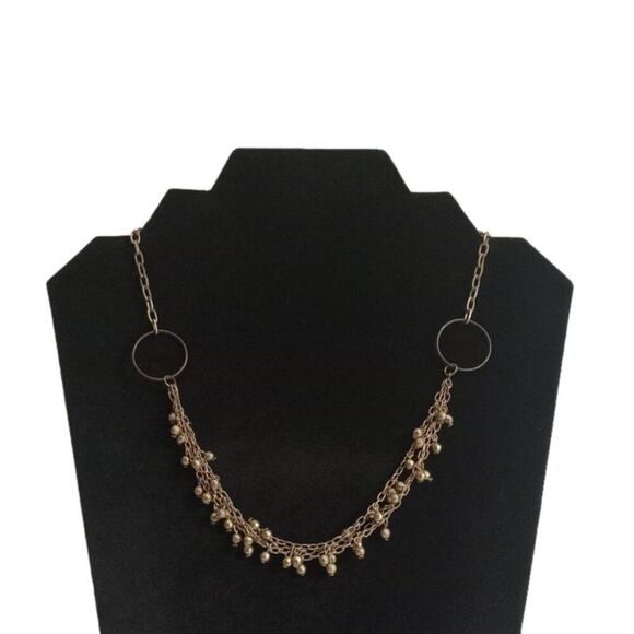 Gold Toned Triple Strand Cable Linked Chain Lightweight Metal Beaded Necklace - Picture 1 of 10